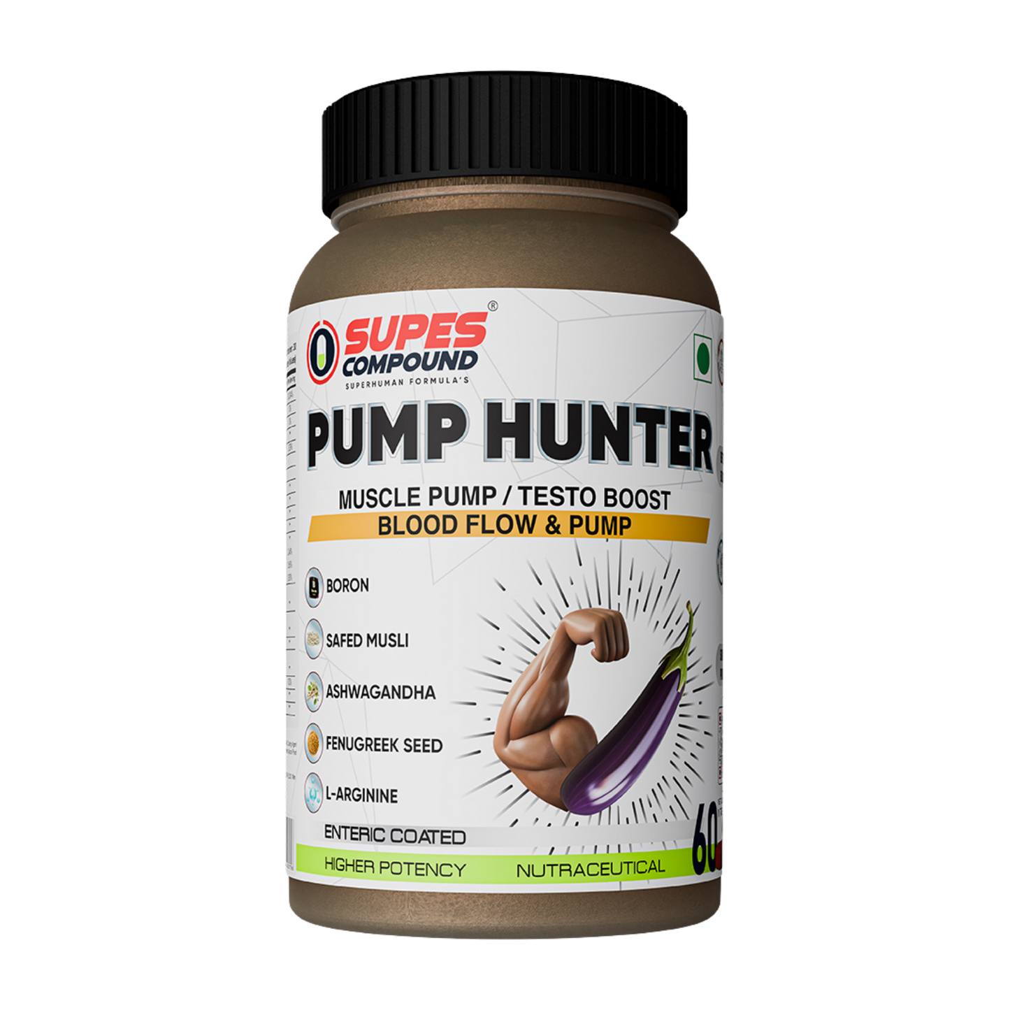 Pump Hunter | Nitric Oxide & Testosterone Support | Muscle Pump, Strength & Stamina Formula | 60 Tablets